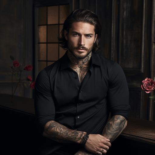young man with elegant and captivating appearance. With long dark, tied-up hair, a well-groomed beard and penetrating eyes. black casual shirt that reflects your refined taste and sense of style. Large rose tattoo on her left forearm. Your posture is always impeccable, highlighting your natural outfit –s 600 –q 4 –w 1920 –h 1080 –uplight --ar 1:1
