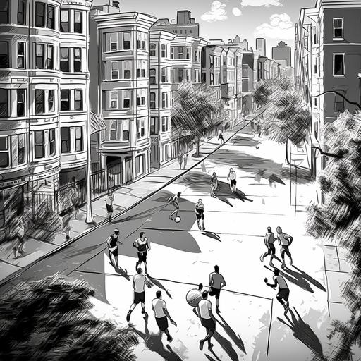 young men and women playing flag football on the streets of brooklyn, black and white, manga style, high detail, high contrast, dramatic lights, birds eye view