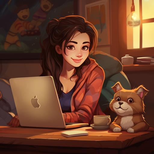 young mom with laptop, cartoon style