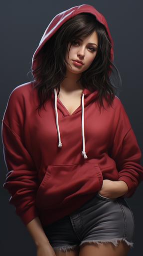 young portuguese woman, full body, dynamic angle, shy, timid smile, short height, chubby, short brunette hair, hoodie, choker, hd, hyperrealistic --ar 9:16