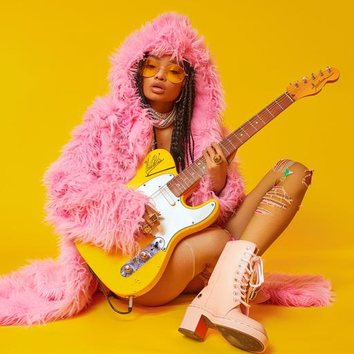 young rap woman with pink fur, electric guitar sit on the floor, yellow background
