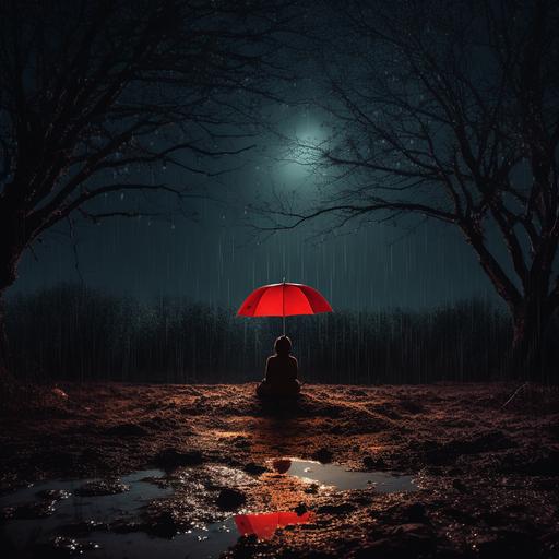 young sad girl with bright red rubber boots under a bright red umbrella waiting out a heavey downpour in the countryside under a full moon in the dim light.