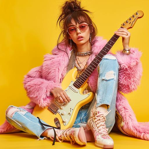 young singer woman with pink fur, electric guitar sit on the floor, yellow background