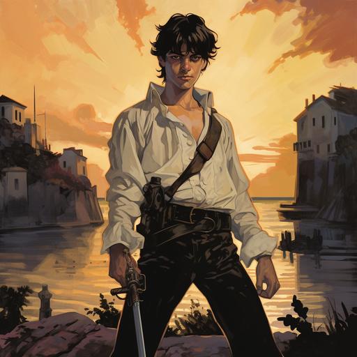 young teenage with dark hair, WHITE SHIRT, BLACK BOOTs, dressed as 18th century sailors, he holds a sword, he looks focused, a broken house in the background, in the style of corto maltese hugo pratt comic, the stage is lit by the sunrise
