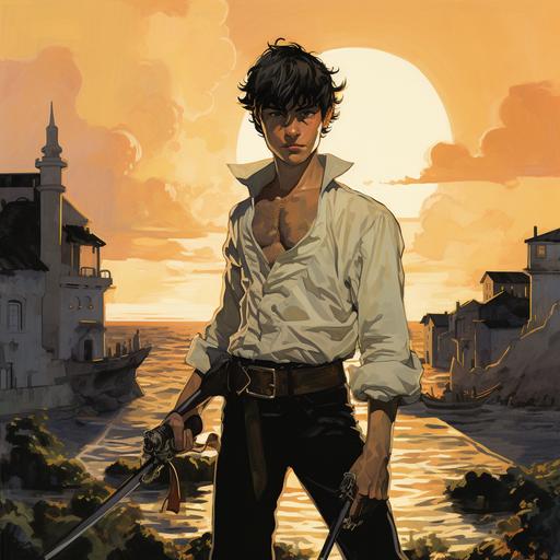 young teenage with dark hair, WHITE SHIRT, BLACK BOOTs, dressed as 18th century sailors, he holds a sword, he looks focused, a broken house in the background, in the style of corto maltese hugo pratt comic, the stage is lit by the sunrise
