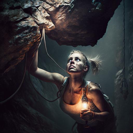young thin pale muscular woman, with a shaved head, actively climbing and holding on to a very large rocky wall inside a deep dark cave, she appears from a distance holding onto the wall, one one lantern is lit, she is suspended high above the ground as she climbs, photorealistic, high resolution, dark lighting, photography, high quality, foreboding tone, realistic, detailed, realistic