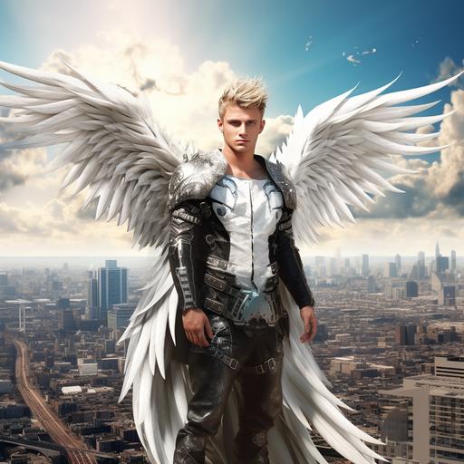 young white angel man, blond hair, with bluish glow, wearing white t-shirt and black leather jacket, full body shot, city, strong, huge angel wings, white backgroundand, landscape on the horizon, space monster battle in scene