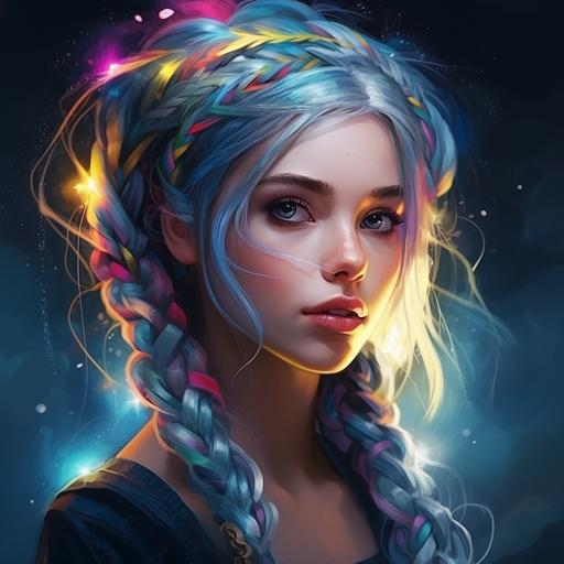 young woman, colorful, blue hair in braids with hair ribbons, neon, bright, vibrant, glitter, fantasy, elf ears, art