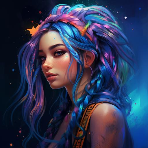 young woman, colorful, freckles, blue hair in braids with hair ribbons, neon, bright, vibrant, glitter, fantasy, elf ears, art, feathers in hair