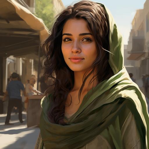 young woman, medieval citizen, Middle Eastern, kind face, green dress, brown hood, brown shawl, black hair, smiling, round face, uplifting, city street, sunny day