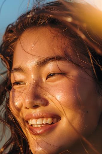 young woman of Asian appearance. laughs. sunny photo, natural light, magazine processing. The model's skin glows from within with a natural, healthy glow. vogue style --v 6.0 --ar 2:3