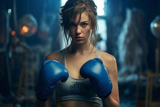 young woman with blue boxing gloves in blue gymnasium in a gym, in the style of tokina opera 50mm f/1.4 ff, smokey background, 32k uhd, serge marshennikov, rebellious crafts, cobra, made of cardboard --ar 3:2