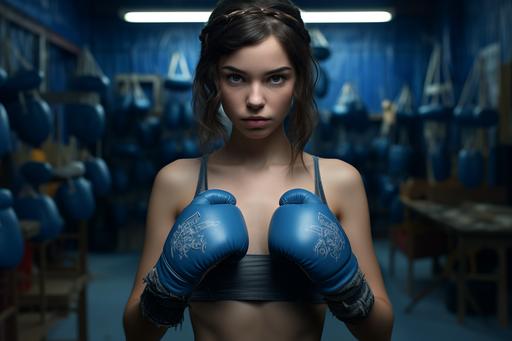 young woman with blue boxing gloves in blue gymnasium in a gym, in the style of tokina opera 50mm f/1.4 ff, smokey background, 32k uhd, serge marshennikov, rebellious crafts, cobra, made of cardboard --ar 3:2