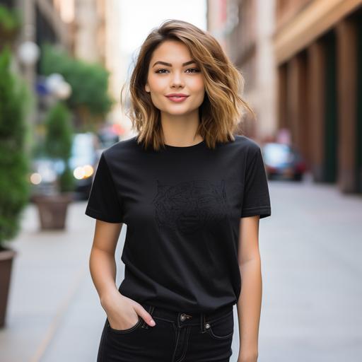 young women age 28, wearing plain black tee, no crease on tee, on city downtown