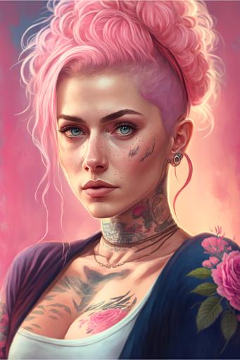 young women, pink hair, ponytail, blue eyes, full body, light makeup, wearing pink. tattoos, roses, pink background, realism, realistic, ultraHD --ar 2:3