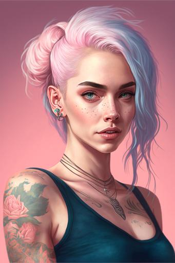 young women, pink hair, ponytail, blue eyes, full body, light makeup, wearing pink. tattoos, roses, pink background, realism, realistic, ultraHD --ar 2:3