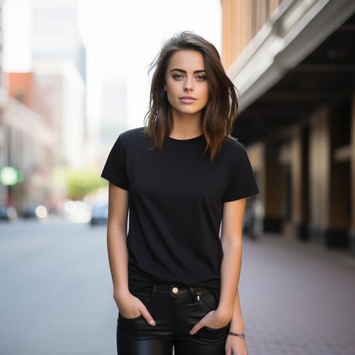 young women wearing plain black tee, no crease on tee, on city downtown