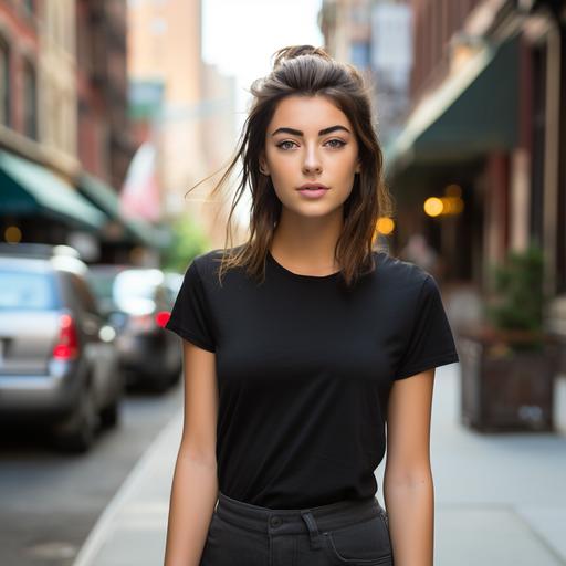 young women wearing plain black tee, no crease on tee, on city downtown