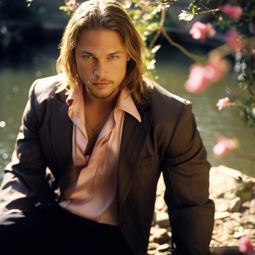younger Travis Fimmel, long golden blonde hair, no facial hair, crystal sparkling blue eyes, dressed in a 3 piece pink suit, wears a white tie, very gentleman like, sitting in a rose garden, pink roses, ethereal, beautiful, exquisite dappled sunshine cascading down, beautiful old fashioned water fountain with efferescent water trickling down in the background, unreal engine, cinematic, dynamic lighting, intricate details