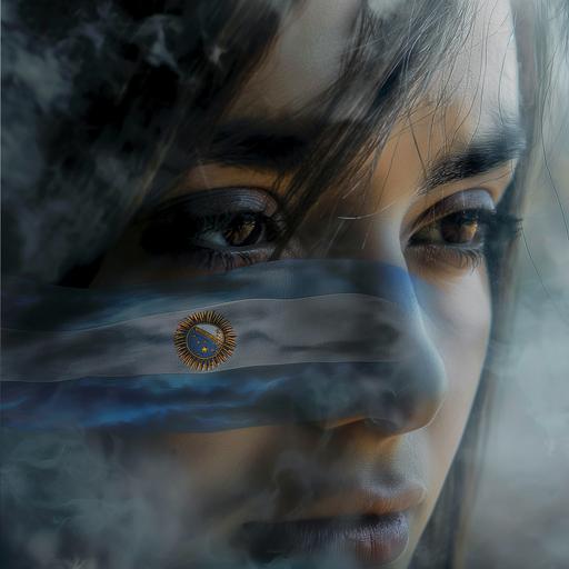 your super pretty face with argentina flag draw crossed her face with tear of her eye with super realistic images ,rustic images with detail rims of lights ,slightly smoke at the background --v 6.0