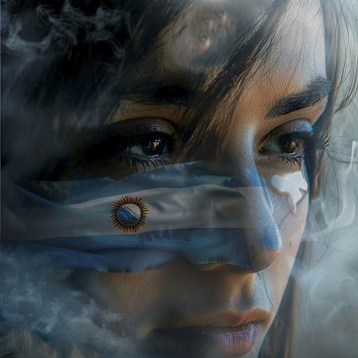 your super pretty face with argentina flag draw crossed her face with tear of her eye with super realistic images ,rustic images with detail rims of lights ,slightly smoke at the background