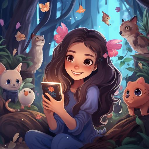 youtube banner of a girl in a magical forest, playing with a handheld video game, with animals around her, tea cups, and butterflies, cartoon style