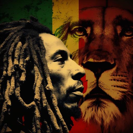 youtube video thumbnail image with bob marley and rasta flag in the backgroung with a lion, 4k, detailed, cinematic, color corrected, ulrta realistic, very detailed