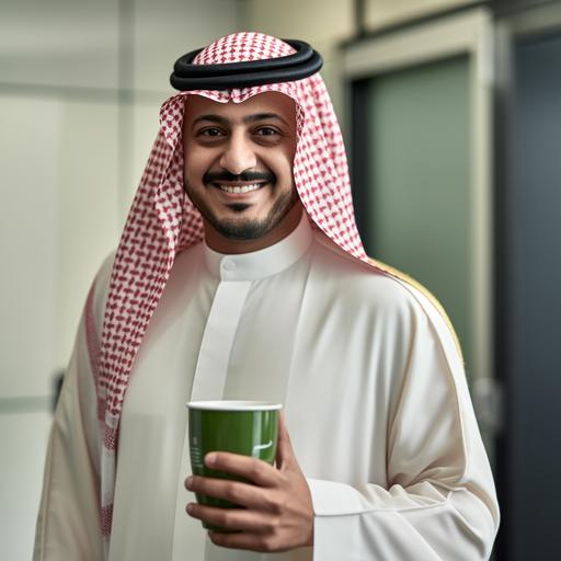 Saudi man holding a green coffee mug wearing traditional clothes in office setting, bright light, optimistic, photography