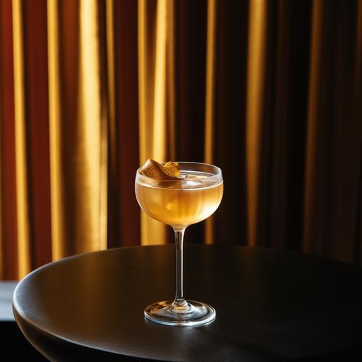 cold cocktail with golden drink with velvet bronze curtains in the background, orange lighting, sophisticated photography