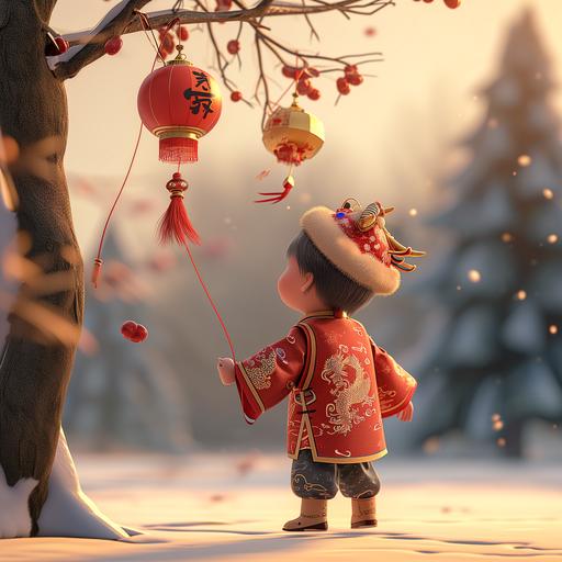 Trying hard to stand on tiptoe, The little boy with a Little Chinese Dragon Plush Cap, dressed for Chinese New Year, with his back to the viewpoint, standing on tiptoe holding in his left hand a long thin stick from which hangs a lantern, which he hangs from a tree branch on a snowy day in the warm sunshine, Octane render, Real Light and Shadow, Clean image --s 50 --v 6.0 --style raw