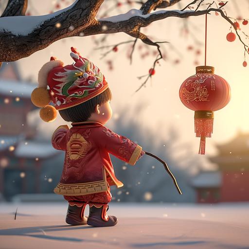 Trying hard to stand on tiptoe, The little boy with a Little Chinese Dragon Plush Cap, dressed for Chinese New Year, with his back to the viewpoint, standing on tiptoe holding in his left hand a long thin stick from which hangs a lantern, which he hangs from a tree branch on a snowy day in the warm sunshine, Octane render, Real Light and Shadow, Clean image --s 50 --v 6.0 --style raw