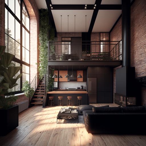 Double-height loft apartment with a large window, ultra-minimalist contemporary industrial ultra-futuristic style, finished in brick, concrete, matte black structural steel beams, lots of wood and mahogany-colored materials, many plants, warm evening light lighting, ultra-modernist kitchen , black leather sofa and living room and luxury ultramodern sophisticated interior decoration by designer architect