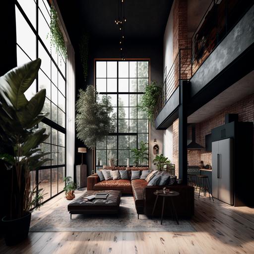 Double-height loft apartment with a large window, ultra-minimalist contemporary industrial ultra-futuristic style, finished in brick, concrete, matte black structural steel beams, lots of wood and mahogany-colored materials, many plants, warm evening light lighting, ultra-modernist kitchen , black leather sofa and living room and luxury ultramodern sophisticated interior decoration by designer architect