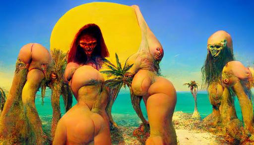 Aphex Twin, Windowlicker, beautiful women wearing bikini twerk exotic dancing with Skeletor, perspective palm trees, getty images, high quality photo, style of Zdzisław Beksiński, datamoshing, highly detailed and intricate, vibrant colors, cinematic, hyperdetailed, realistic lighting, octane render, 8k, 1080bp --ar 16:9