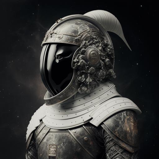 Gandam wearing white marble armor with black inlays and a helmet featuring the face of the ancient sculpture of David, in the outer space.