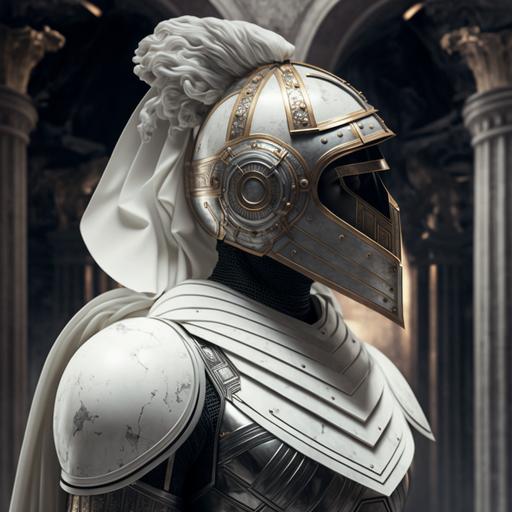 Gandam wearing white marble armor with black inlays and a helmet featuring the face of the ancient sculpture of David, in the outer space.