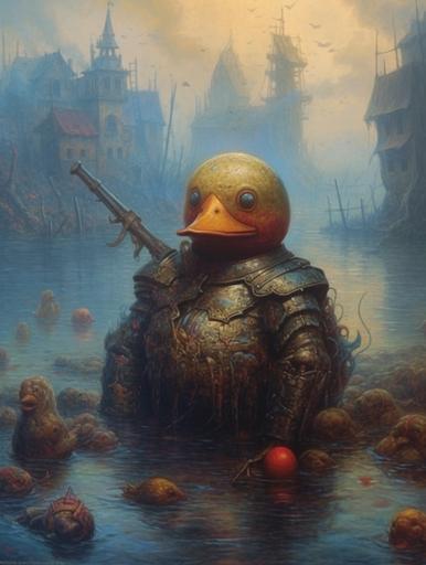 zdzisław beksiński artwork, a trendy rubber duck warrior, intricate detail --s 600 --c 60 --v 5.1 --q 5 --style raw --ar 58:77 --seed 2208779504