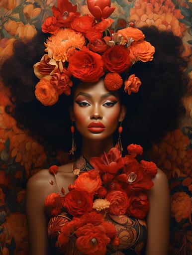 a woman with bright red lipstick and flowers on her head, in the style of dark orange and light bronze, appropriation artist, detailed costumes, bold colorism, vibrant florals, exotic, sabattier effect --ar 3:4