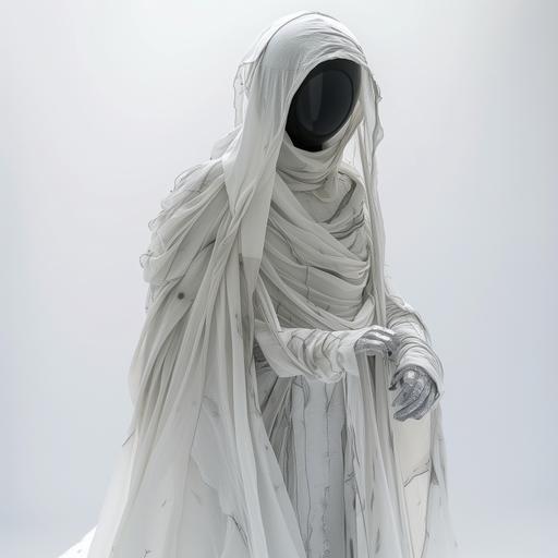 Mysterious female creature from Saturn wearing layers of white and silver fabrics, standing in a large white space, minimal, beautiful, modern, gallery, detailed, realistic photography --v 6.0