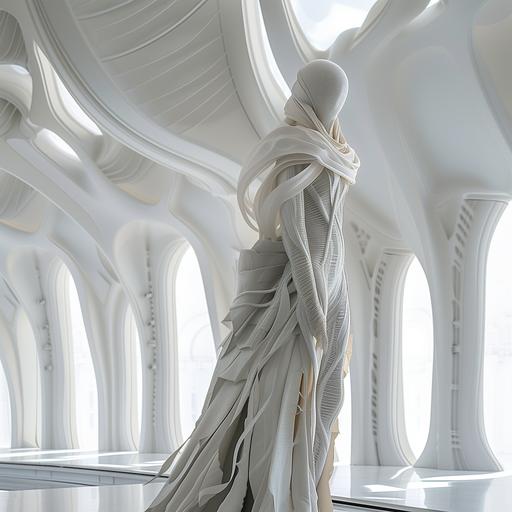 Mysterious female creature from Saturn wearing layers of white and silver fabrics, standing in a large white space, minimal, beautiful, modern, gallery, detailed, realistic photography --v 6.0