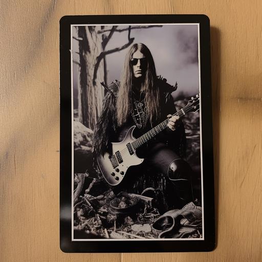 Vintage Topps Darkthrone trading card from the 1980's, 2 long haired male musicians, black electric guitar, imperfect, Norwegian black metal, 4k