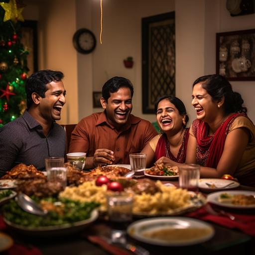 A middle class south Indian Christian family of 4 and friends laughing hard and enjoying Christmas at there house while eating big plates chicken biryani, shoot in Sony a73 camera with a 16m lance close to the table