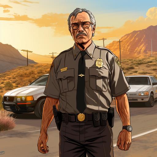 45-year-old man with glasses, gray hair, wearing a sheriff's uniform, brown pants, a dark brown shirt with a gold sheriff's badge and black formal shoes, driving a dark gray police car with blue beacons, With a background of the Nevada desert United States, Grand Theft Auto San Andreas style.