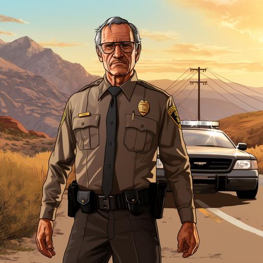45-year-old man with glasses, gray hair, wearing a sheriff's uniform, brown pants, a dark brown shirt with a gold sheriff's badge and black formal shoes, driving a dark gray police car with blue beacons, With a background of the Nevada desert United States, Grand Theft Auto San Andreas style.