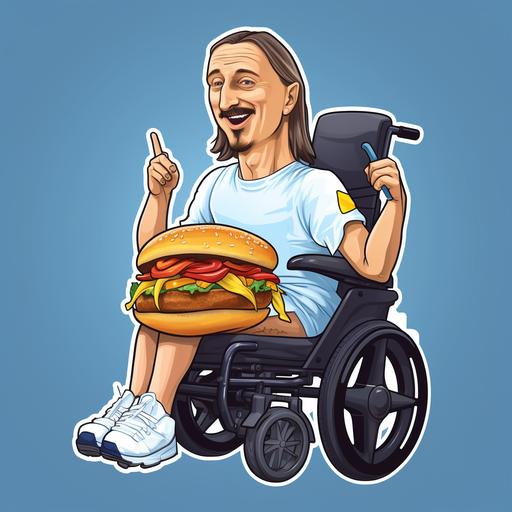 zlatan in wheelchair eating hamburger, sticker, cartoon style