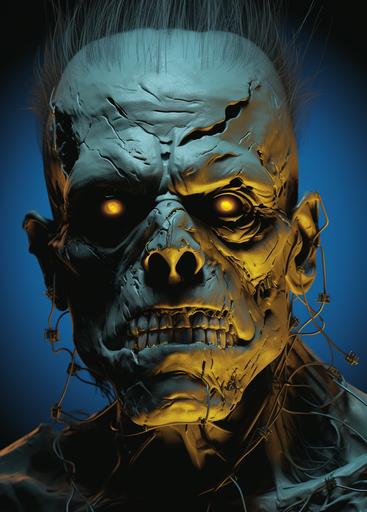 zombie Frankenstein's monster, fys/kys frankenstein tastle # 7, in the style of ferrania p30, 1970–present, crisp outlines, dark gold and blue, ragepunk, controversial, ue5 by Wrightson --ar 13:18 --s 250