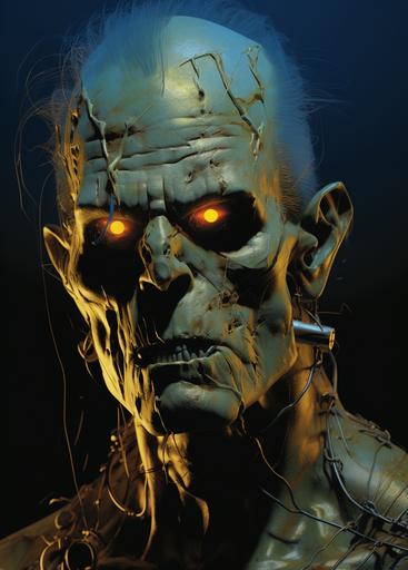 zombie Frankenstein's monster, fys/kys frankenstein tastle # 7, in the style of ferrania p30, 1970–present, crisp outlines, dark gold and blue, ragepunk, controversial, ue5 by Wrightson --ar 13:18 --s 250