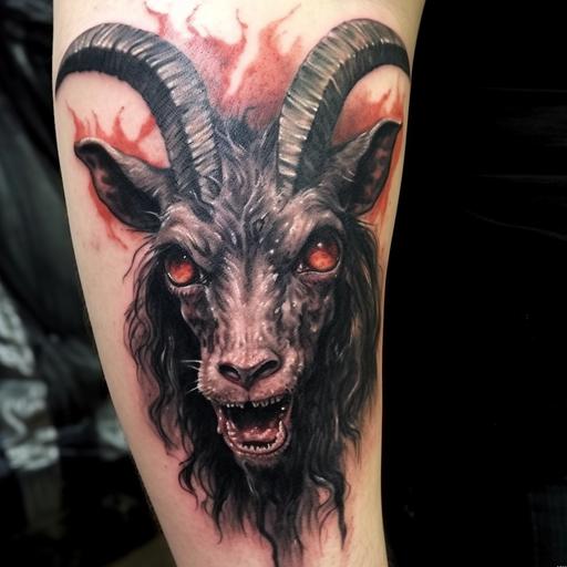 zombie goat head, dark art, color realism, tattoo idea