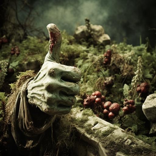 zombie hand coming out of grave with his thumbs up