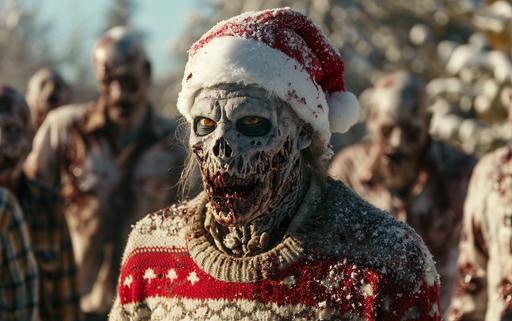 zombie santa wearing an ugly sweater, a scene from the tv show the walking dead --ar 16:10 --v 6.0